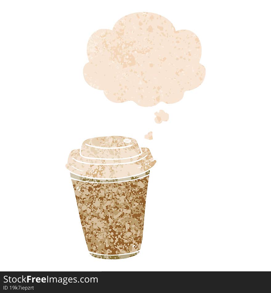 cartoon takeout coffee cup and thought bubble in retro textured style