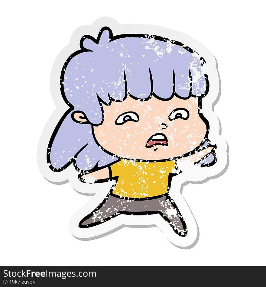 distressed sticker of a cartoon worried woman