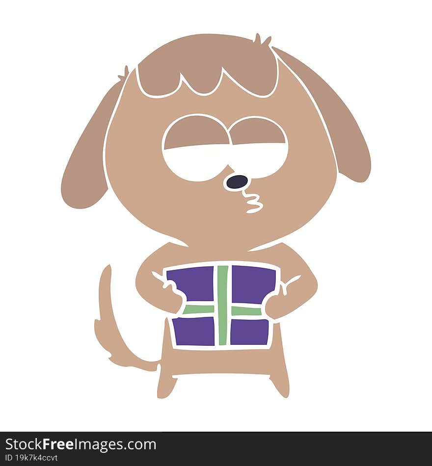 flat color style cartoon bored dog with christmas present