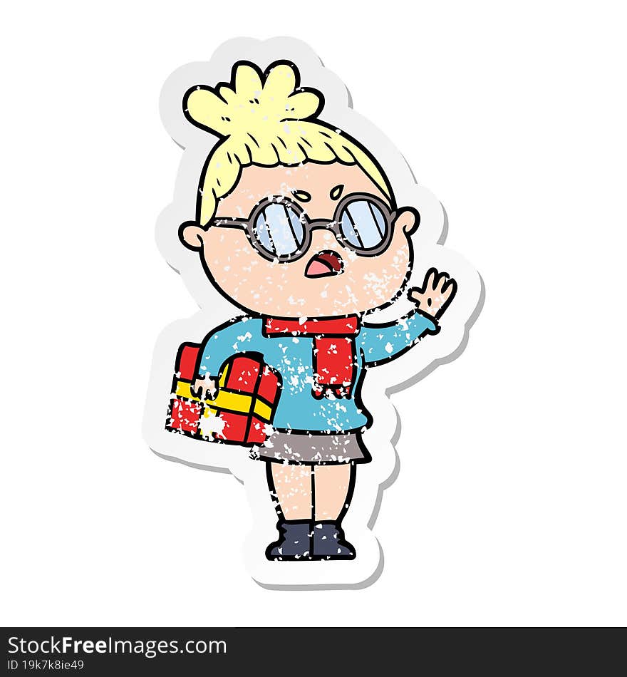 distressed sticker of a cartoon annoyed woman