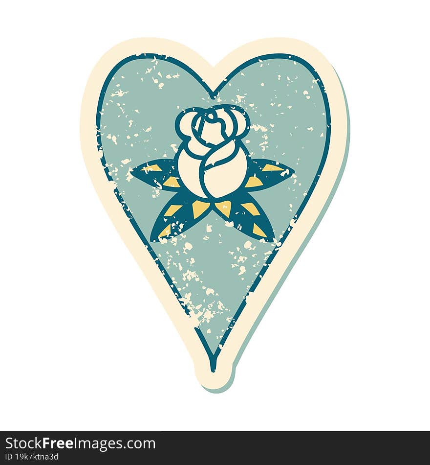 iconic distressed sticker tattoo style image of a heart and flowers. iconic distressed sticker tattoo style image of a heart and flowers