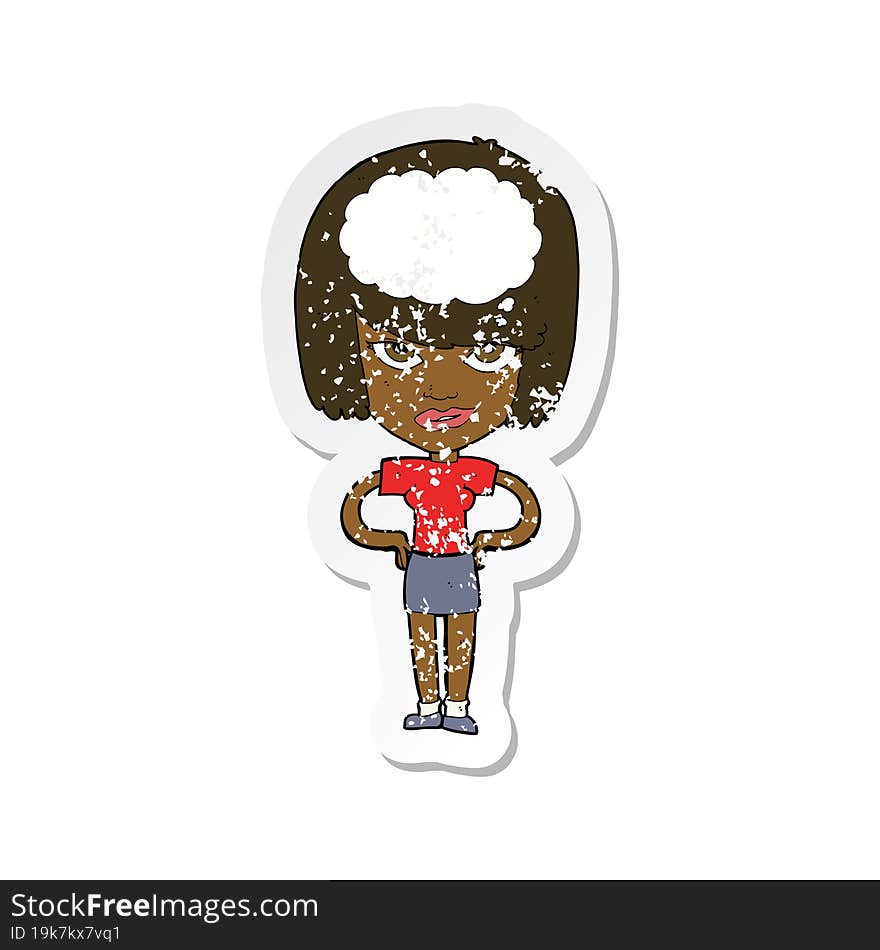 Retro Distressed Sticker Of A Cartoon Woman Thinking