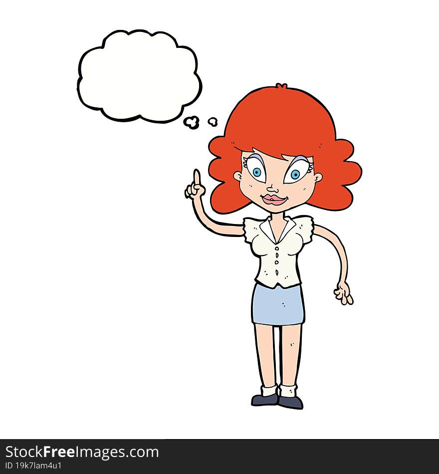 cartoon happy woman with idea with thought bubble