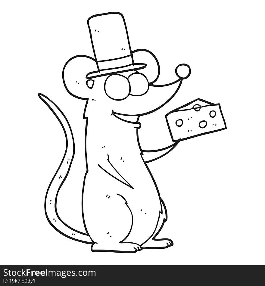 freehand drawn black and white cartoon mouse with cheese