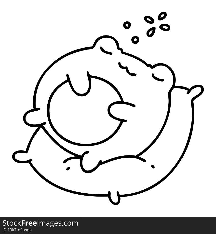 line doodle of a cute frog sleeping on a pillow