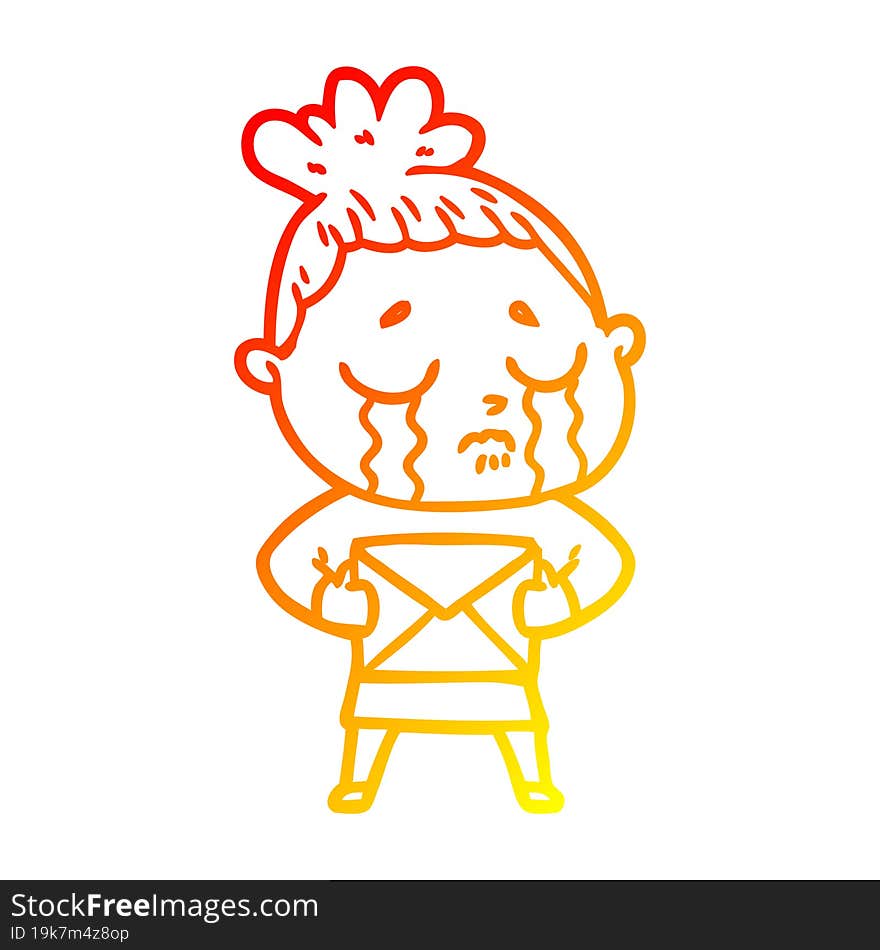 Warm Gradient Line Drawing Cartoon Crying Woman With Letter