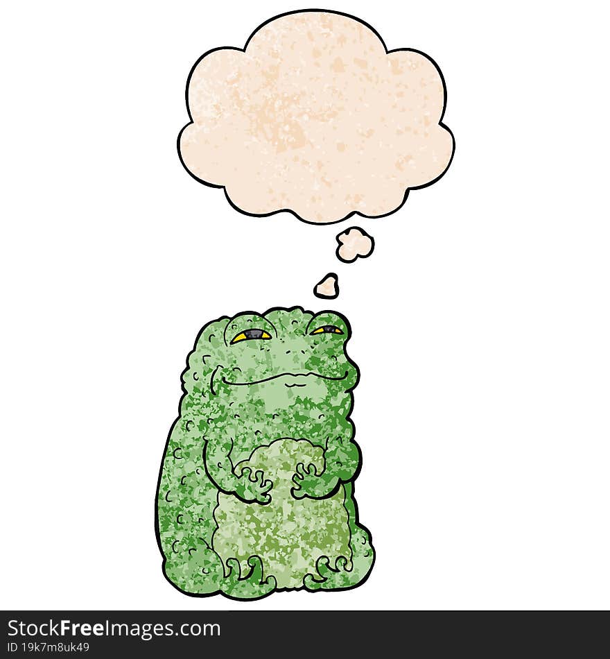 cartoon smug toad and thought bubble in grunge texture pattern style