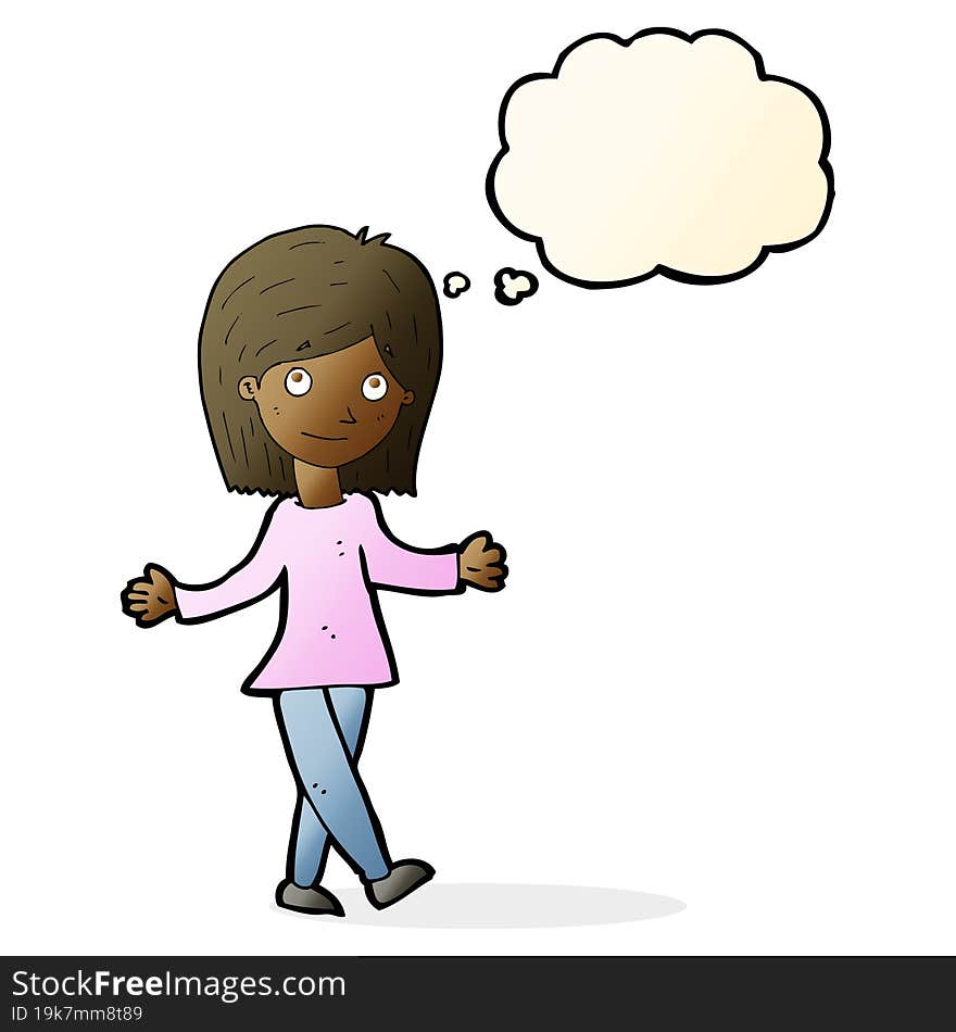 cartoon woman with no worries with thought bubble