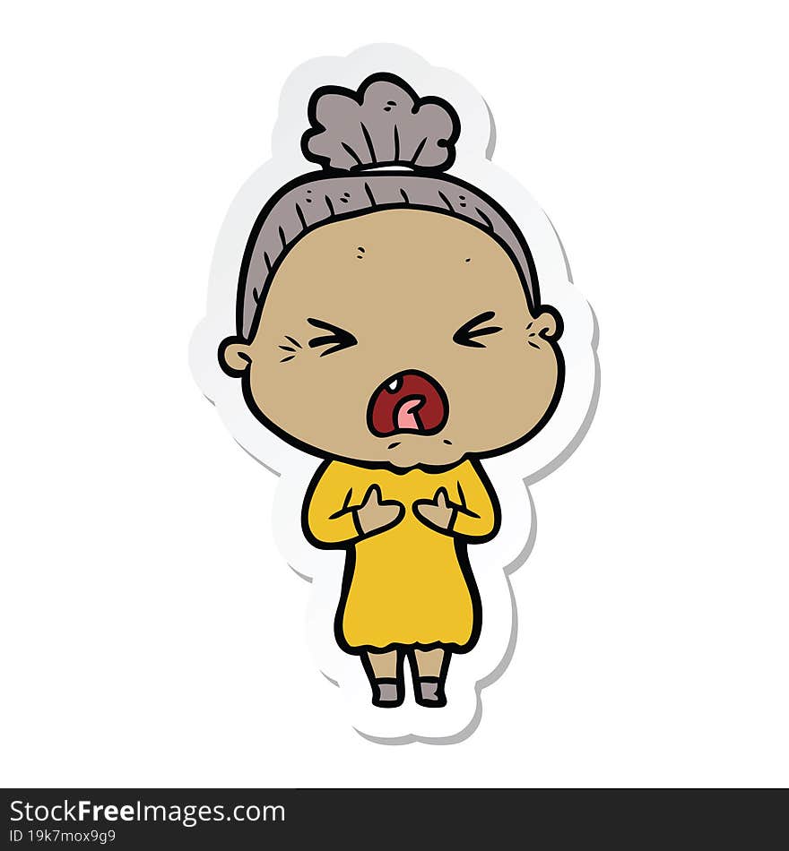 sticker of a cartoon angry old woman