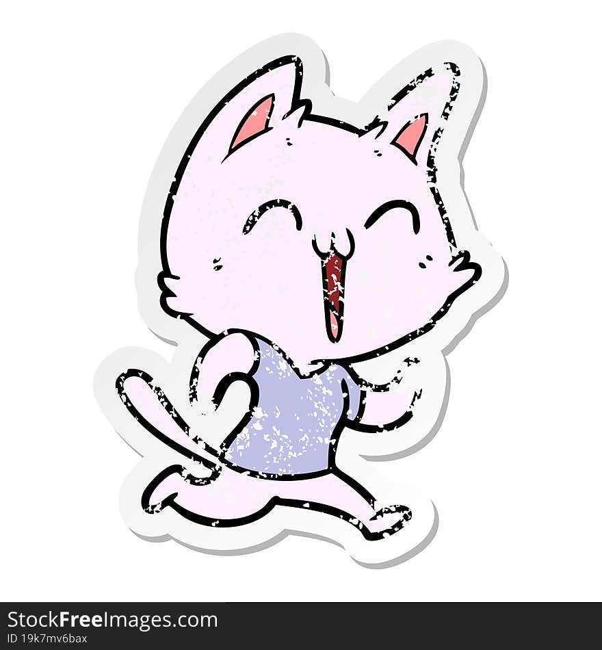 distressed sticker of a happy cartoon cat