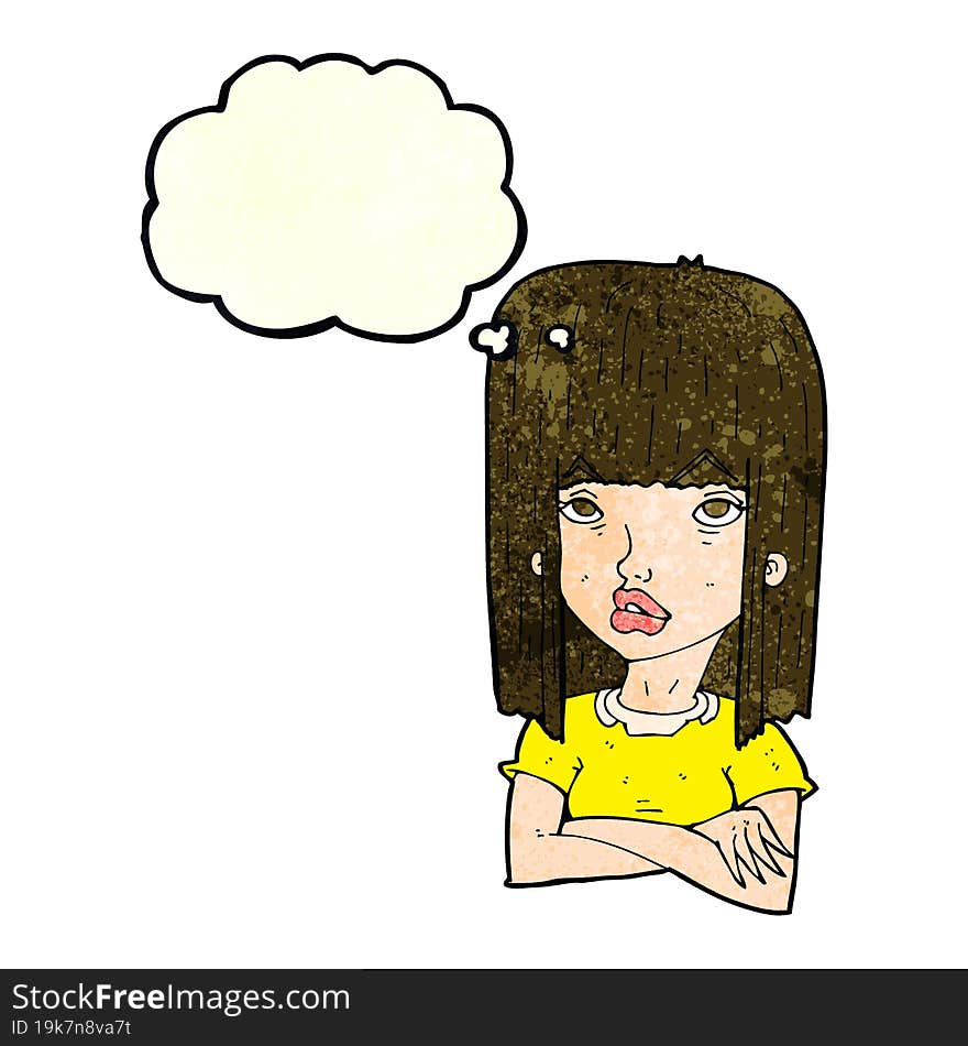 cartoon girl with folded arms with thought bubble