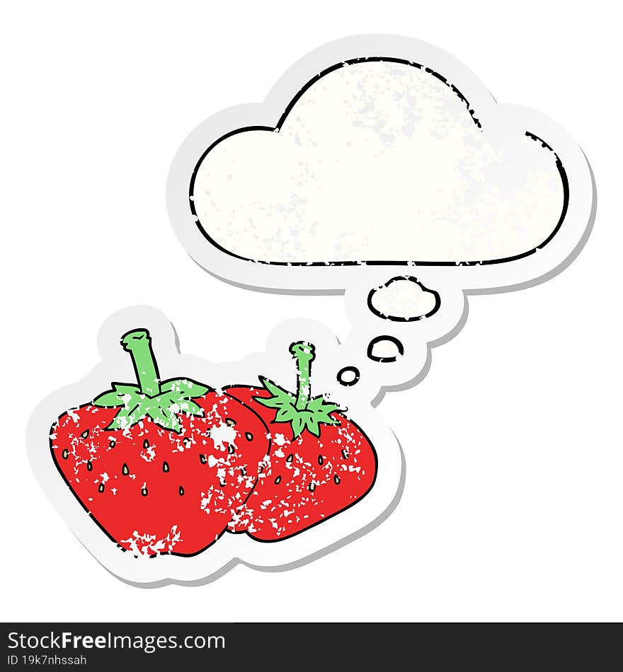 cartoon strawberry and thought bubble as a distressed worn sticker