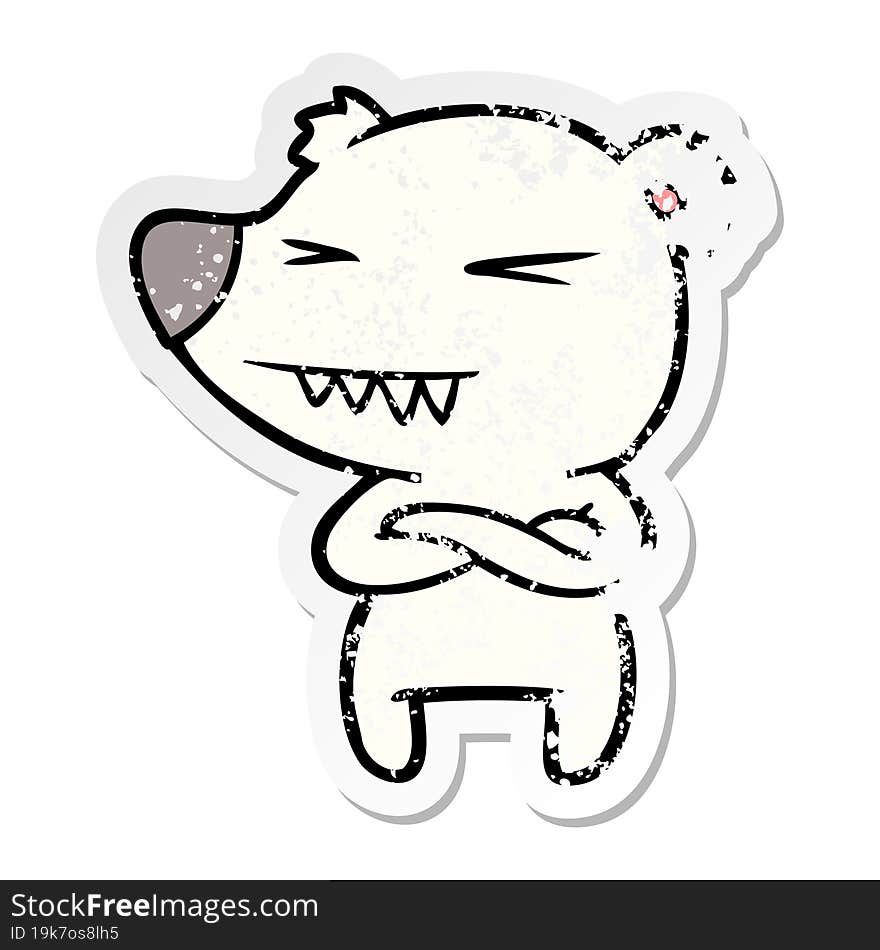 Distressed Sticker Of A Angry Polar Bear Cartoon With Folded Arms