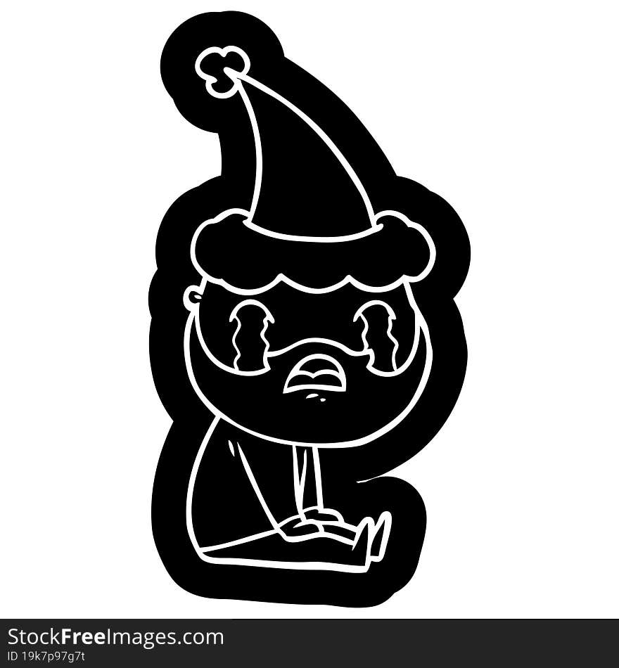 Cartoon Icon Of A Bearded Man Crying Wearing Santa Hat