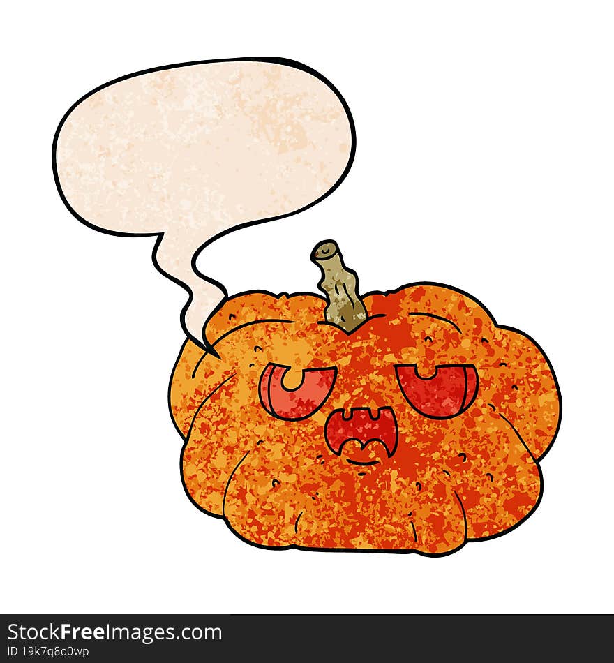 cartoon pumpkin and speech bubble in retro texture style