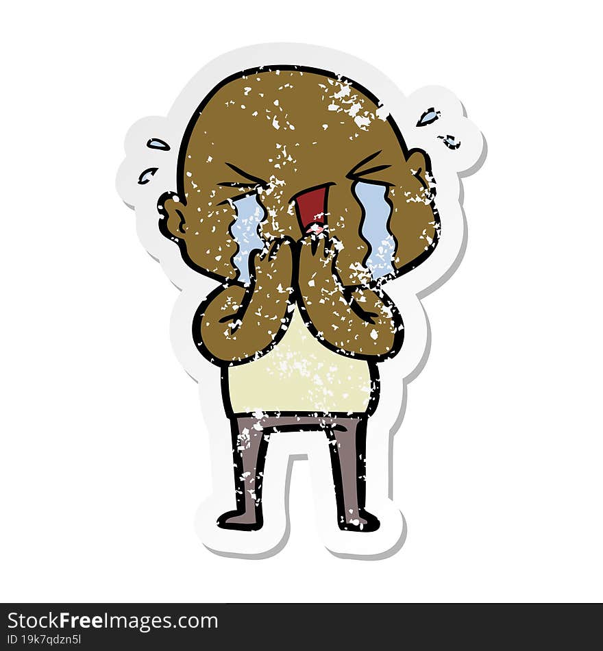 distressed sticker of a cartoon crying bald man