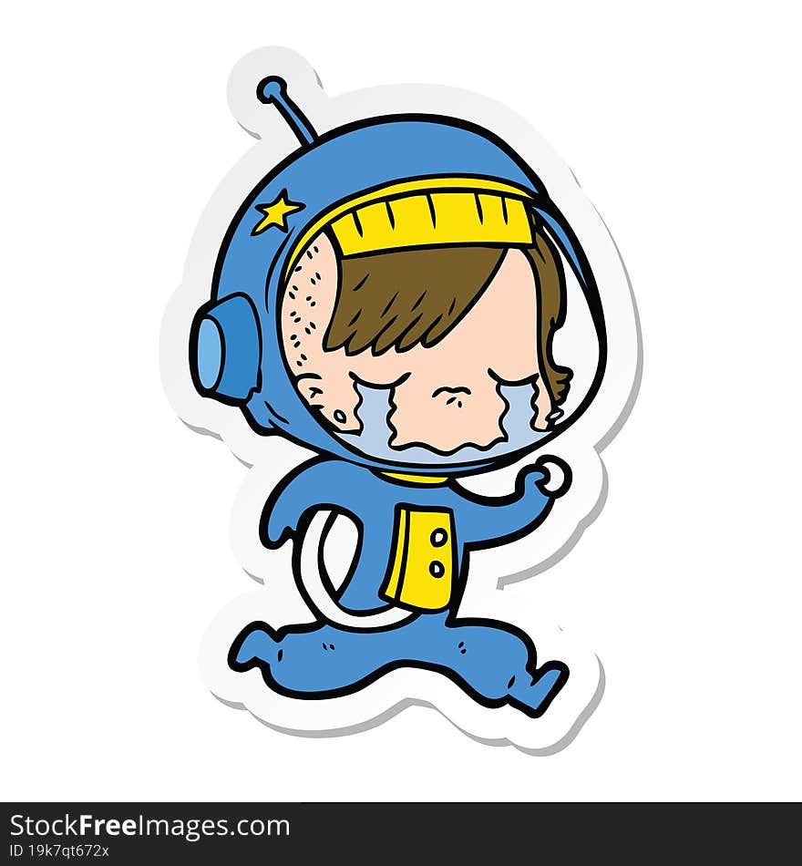 sticker of a cartoon crying astronaut girl running