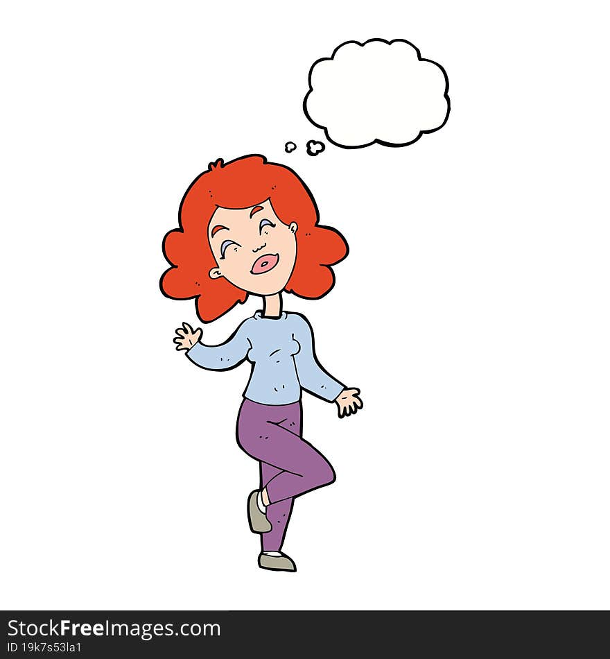 Cartoon Happy Woman Dancing With Thought Bubble