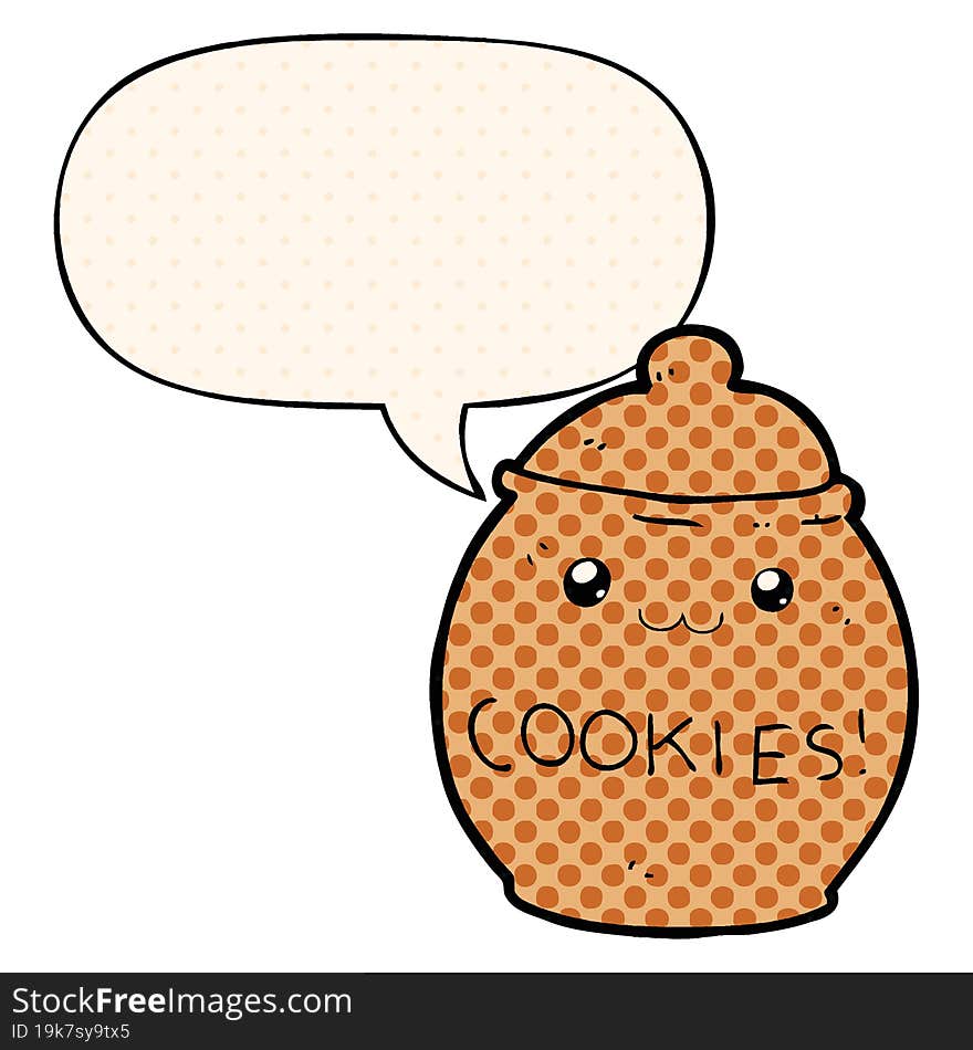 cartoon cookie jar with speech bubble in comic book style