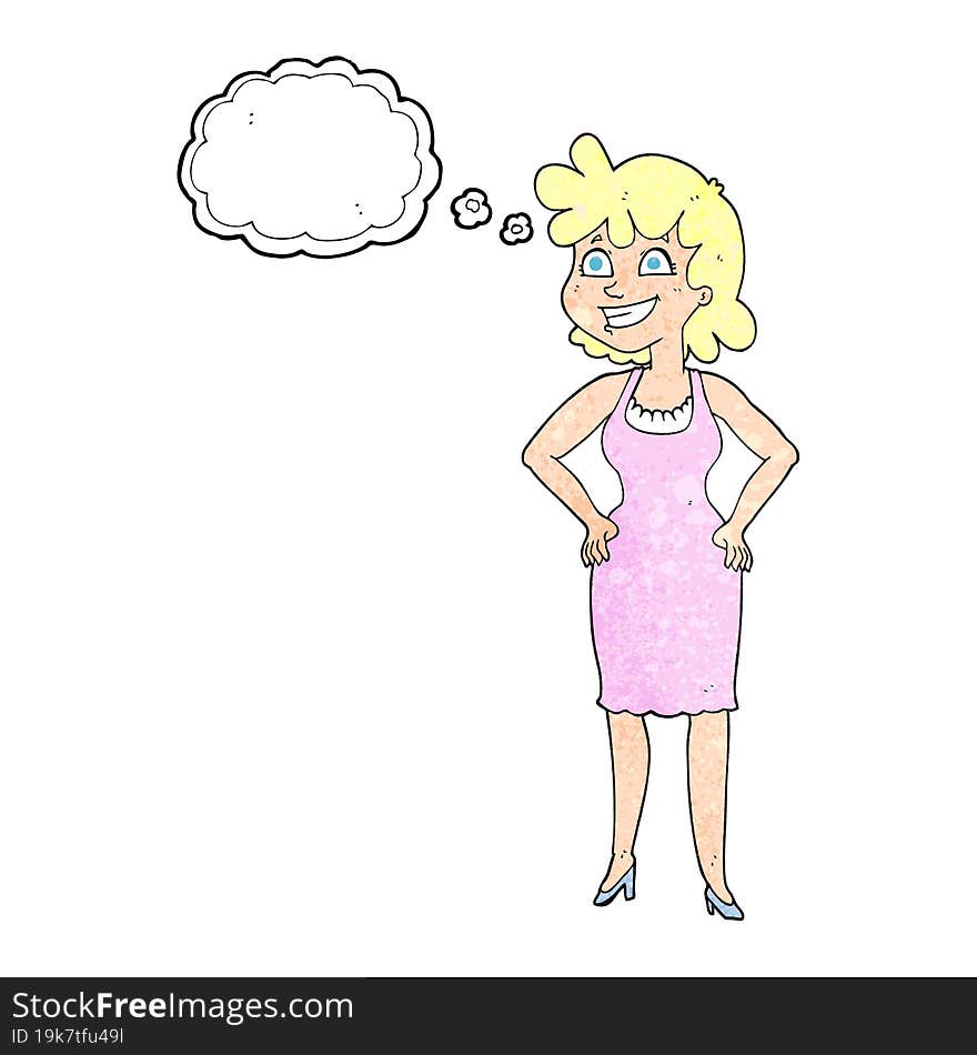 thought bubble textured cartoon happy woman wearing dress