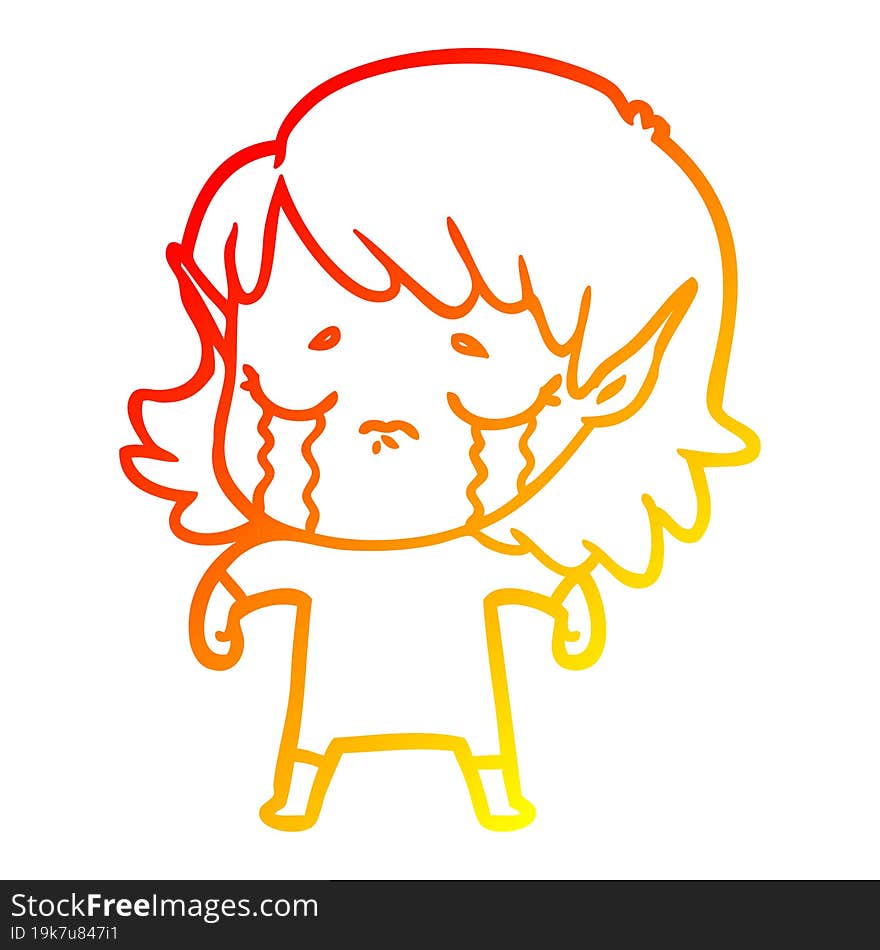 warm gradient line drawing of a cartoon crying elf girl