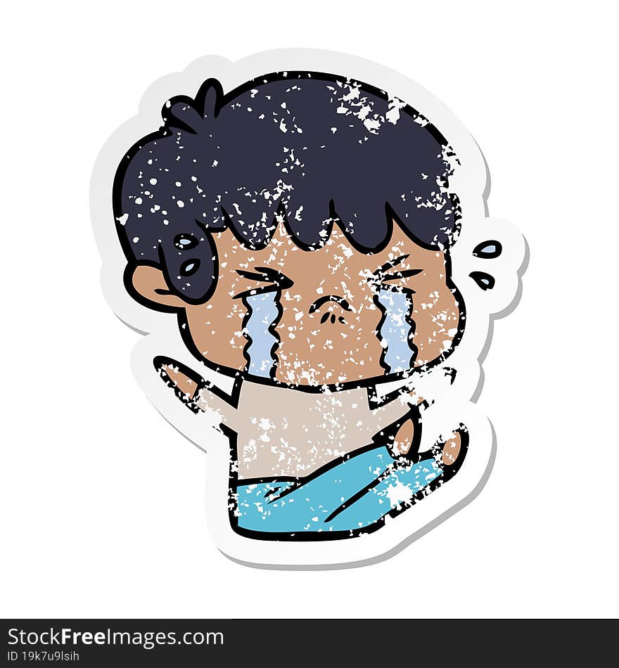 Distressed Sticker Of A Cartoon Boy Crying