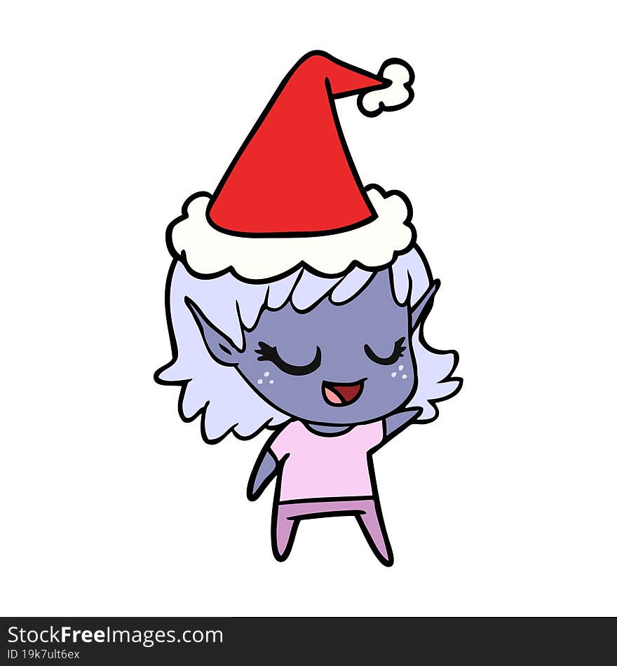 happy line drawing of a elf girl wearing santa hat