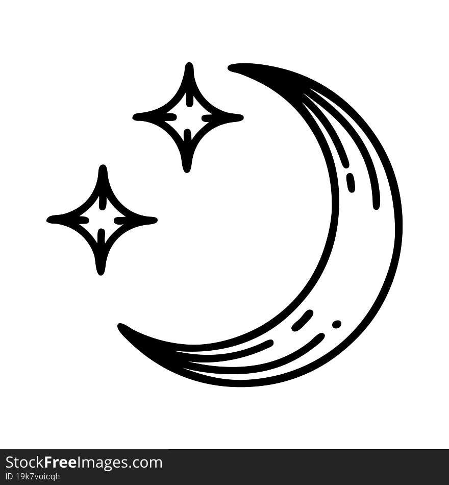 tattoo in black line style of a moon and stars. tattoo in black line style of a moon and stars