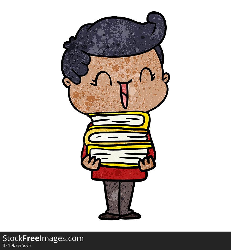 cartoon laughing boy carrying books. cartoon laughing boy carrying books