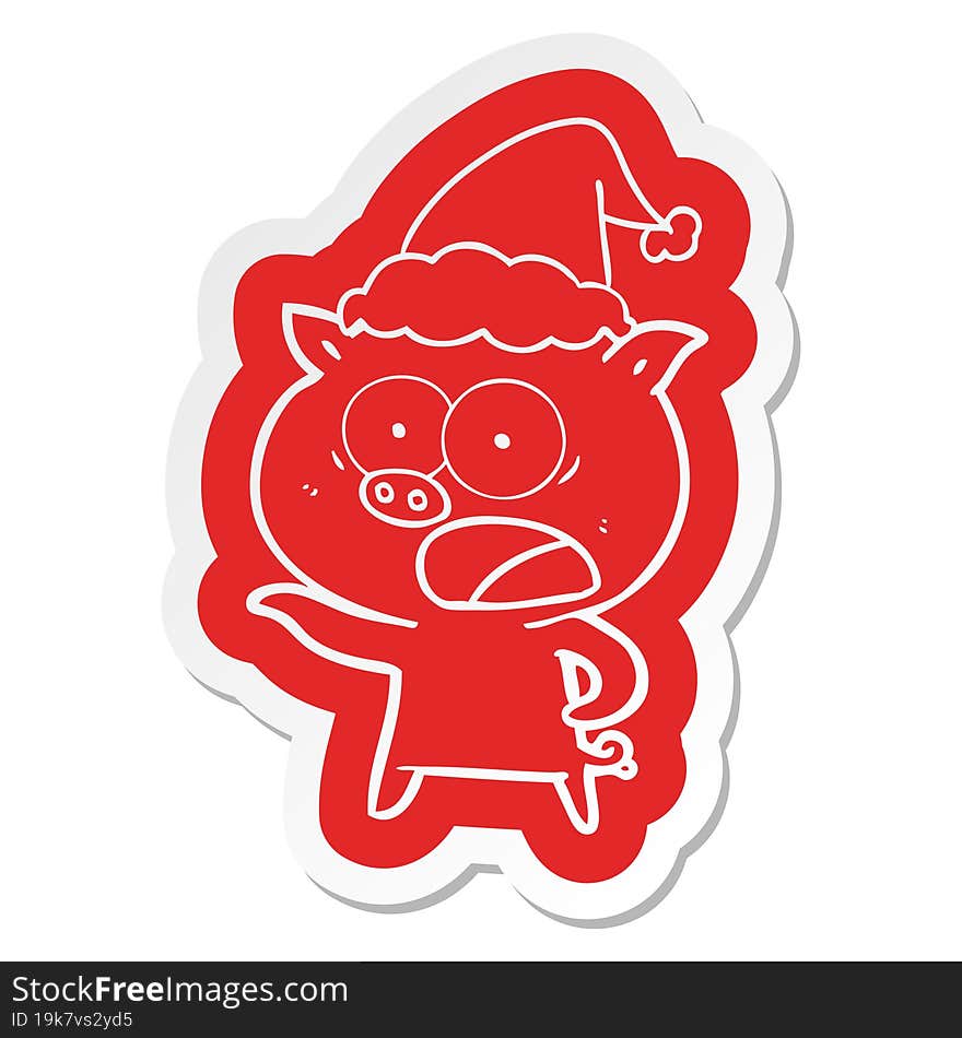 cartoon  sticker of a pig shouting wearing santa hat