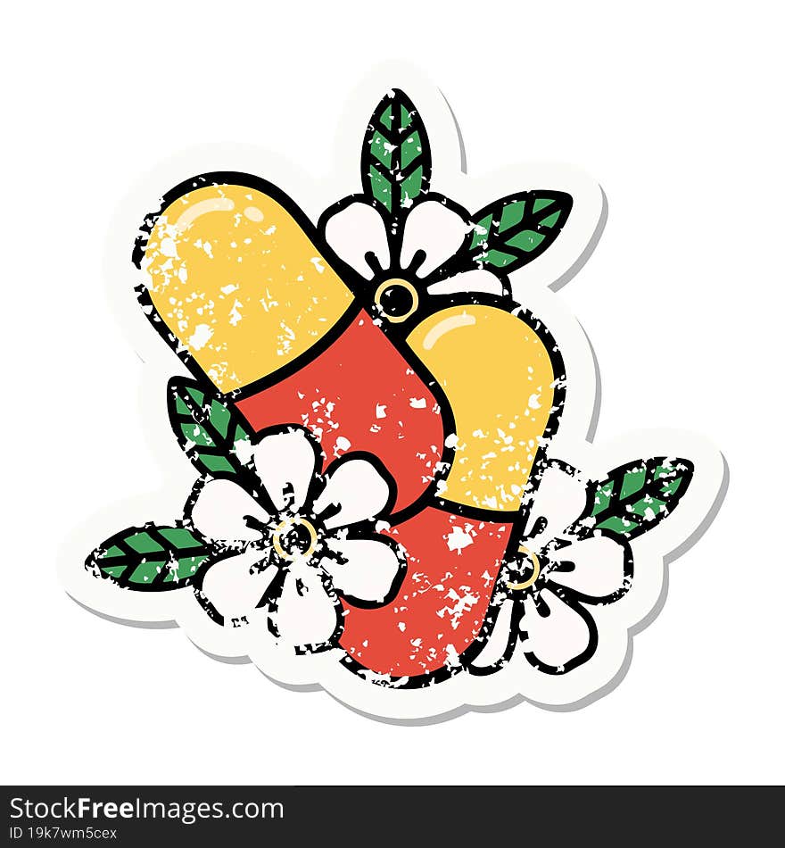 traditional distressed sticker tattoo of pills and flowers