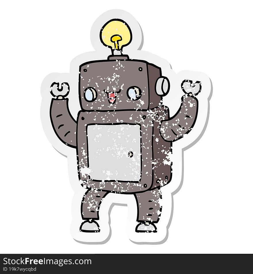 distressed sticker of a cartoon happy robot