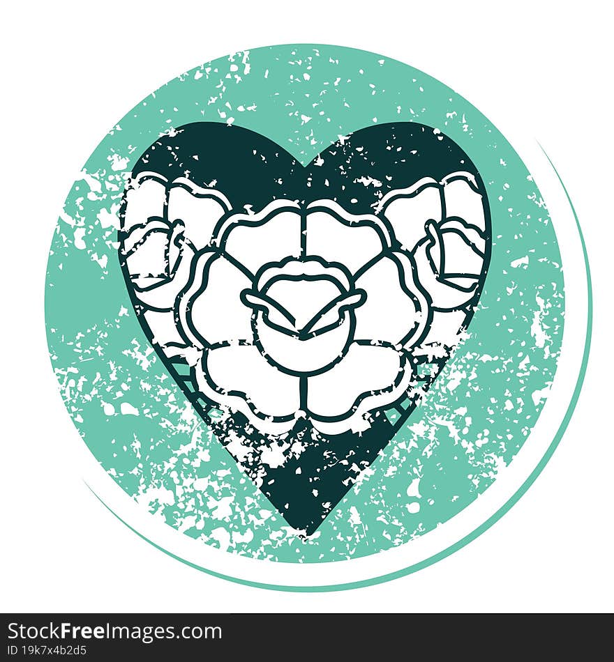 iconic distressed sticker tattoo style image of a heart and flowers. iconic distressed sticker tattoo style image of a heart and flowers