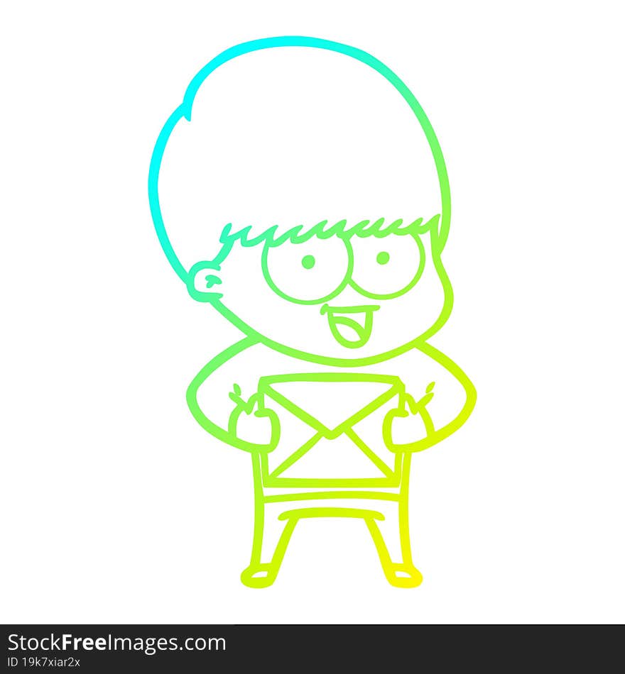 Cold Gradient Line Drawing Happy Cartoon Boy With Present