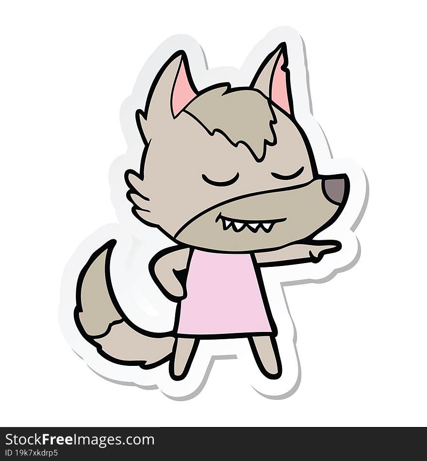 sticker of a friendly cartoon wolf girl pointing