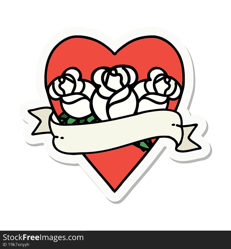 sticker of tattoo in traditional style of a heart and banner with flowers. sticker of tattoo in traditional style of a heart and banner with flowers