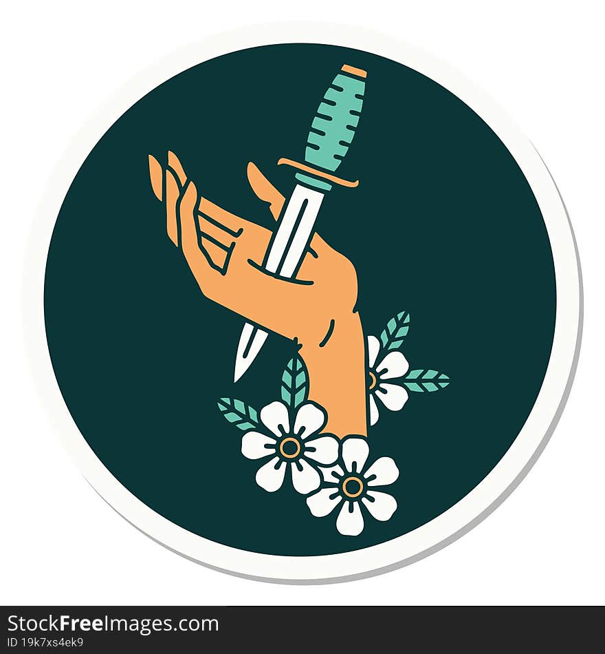 sticker of tattoo in traditional style of a dagger in the hand. sticker of tattoo in traditional style of a dagger in the hand