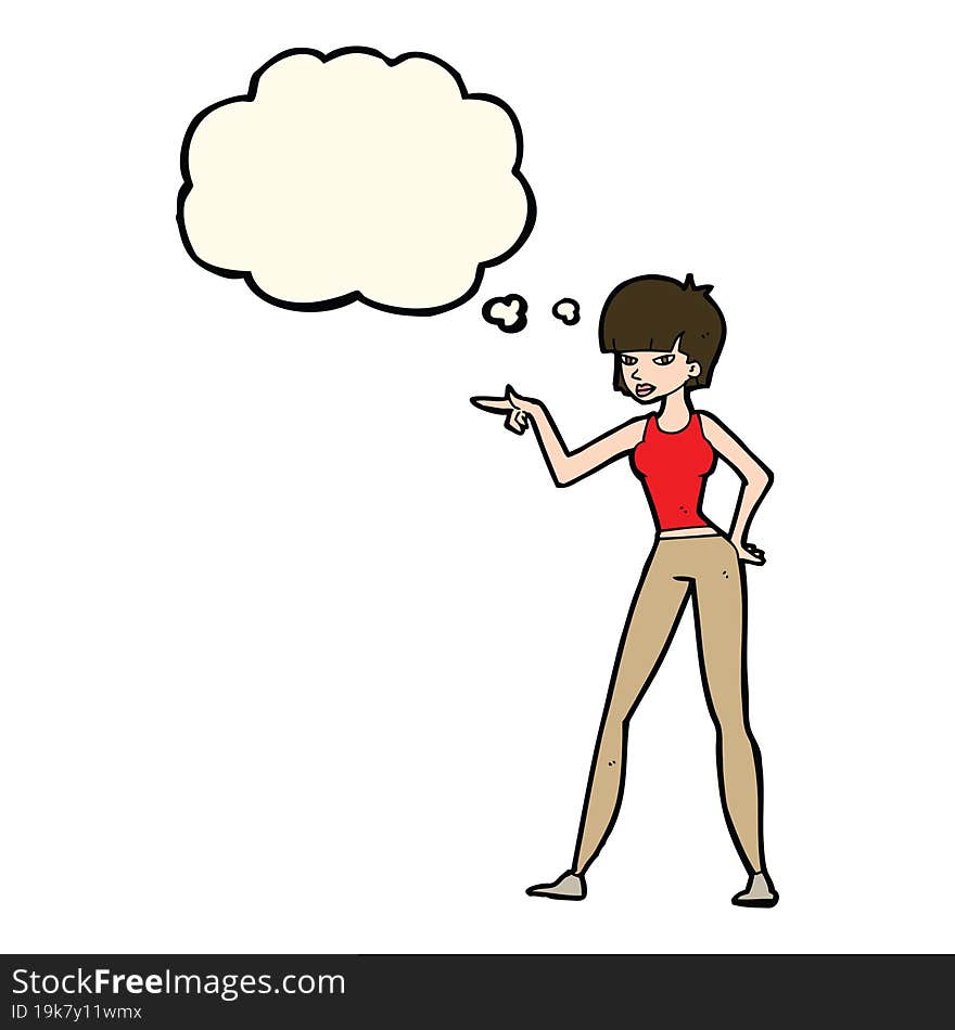 cartoon woman pointing with thought bubble