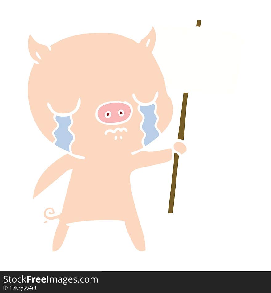 Flat Color Style Cartoon Crying Pig With Sign Post