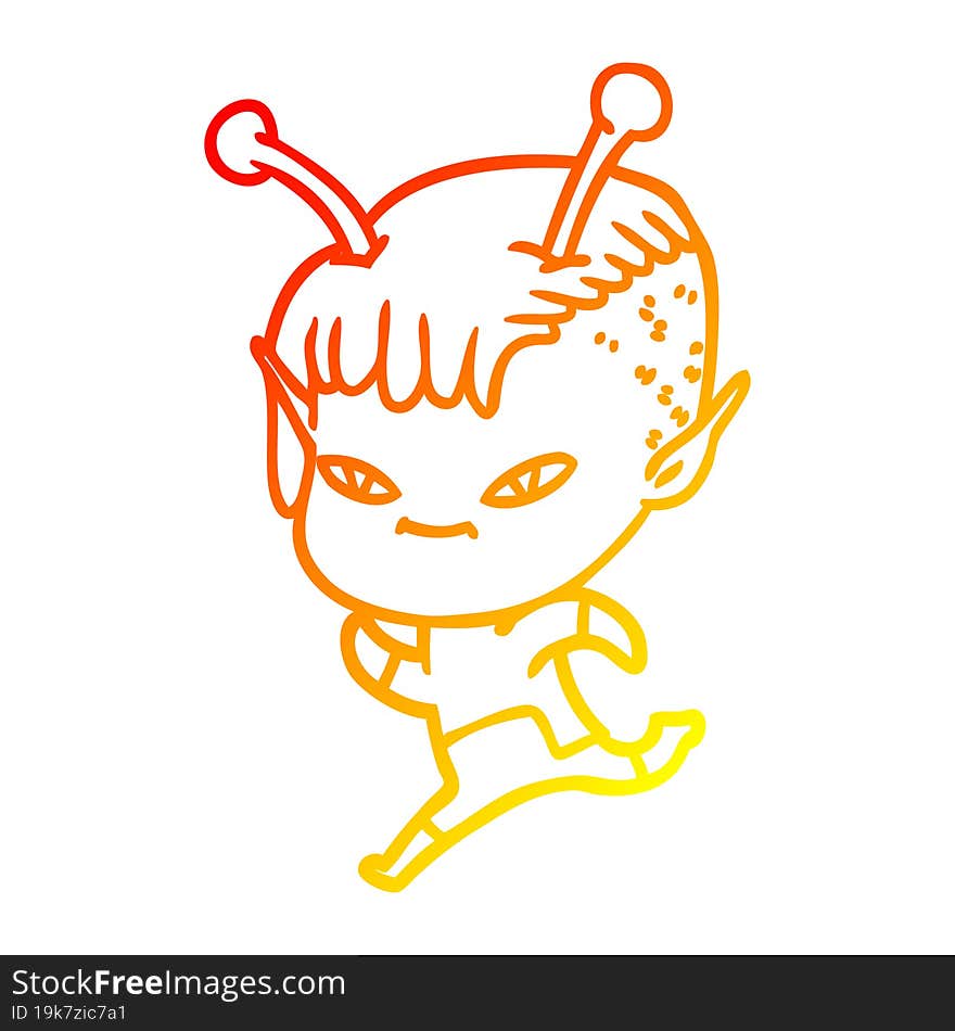 warm gradient line drawing of a cute cartoon alien girl