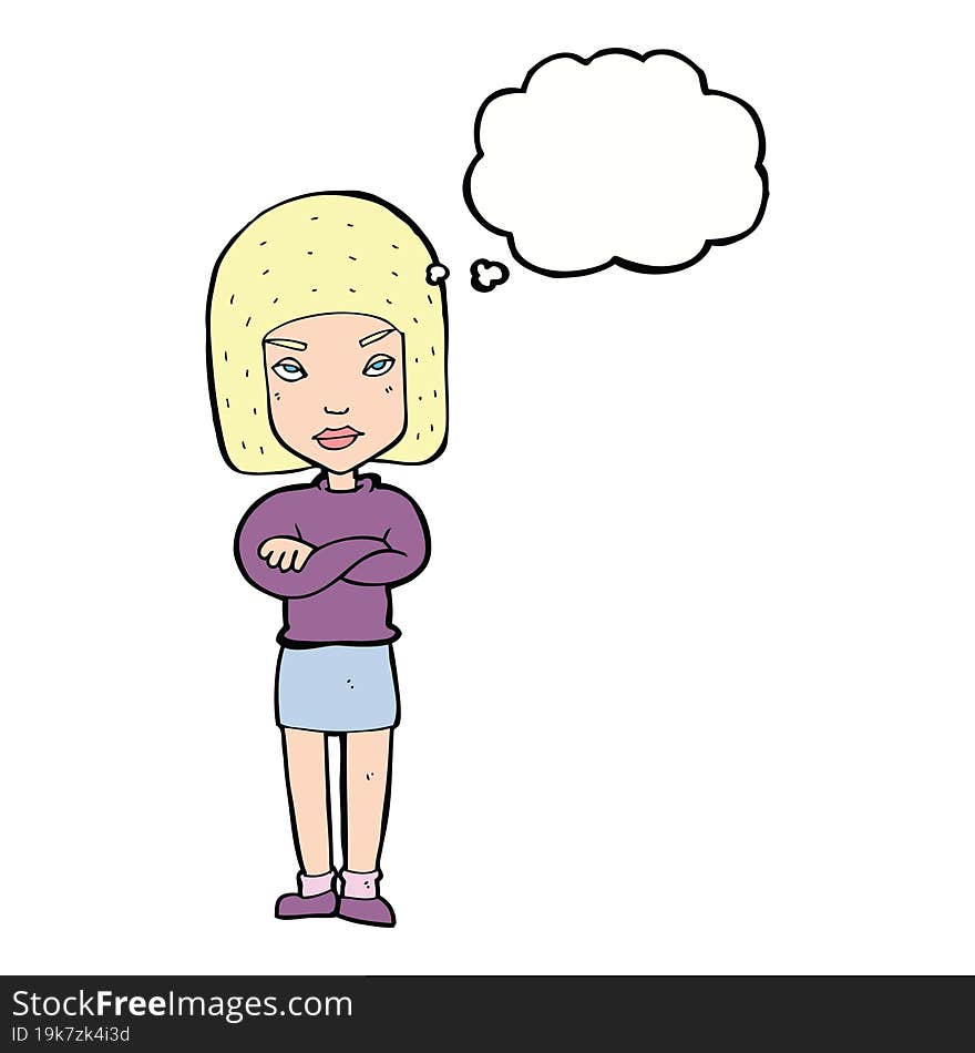 cartoon woman with crossed arms with thought bubble