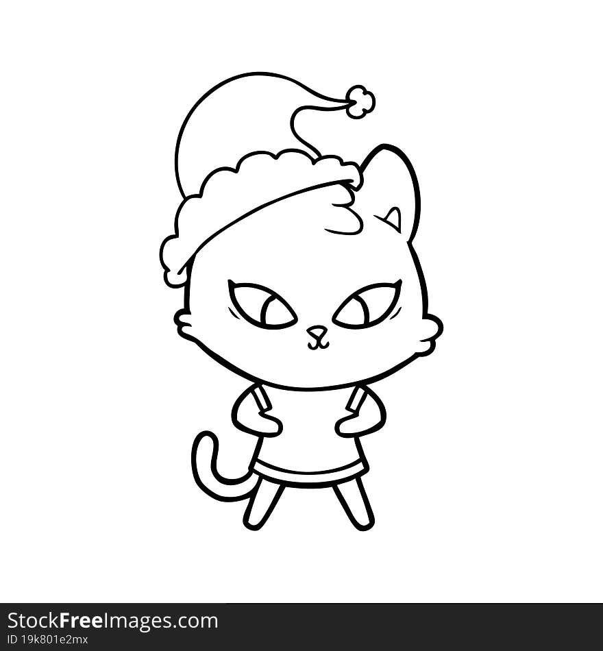 cute hand drawn line drawing of a cat wearing santa hat. cute hand drawn line drawing of a cat wearing santa hat