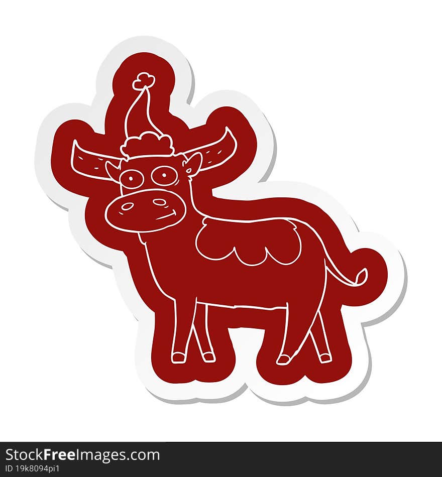 Cartoon  Sticker Of A Bull Wearing Santa Hat