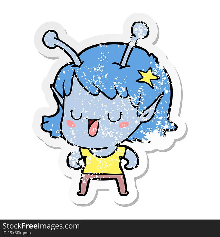 distressed sticker of a happy alien girl cartoon