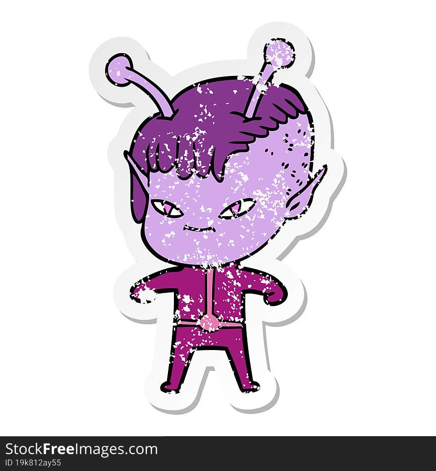 distressed sticker of a cute cartoon alien girl