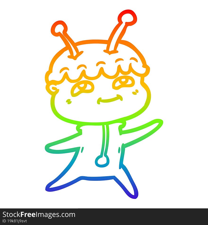 rainbow gradient line drawing of a friendly cartoon spaceman dancing