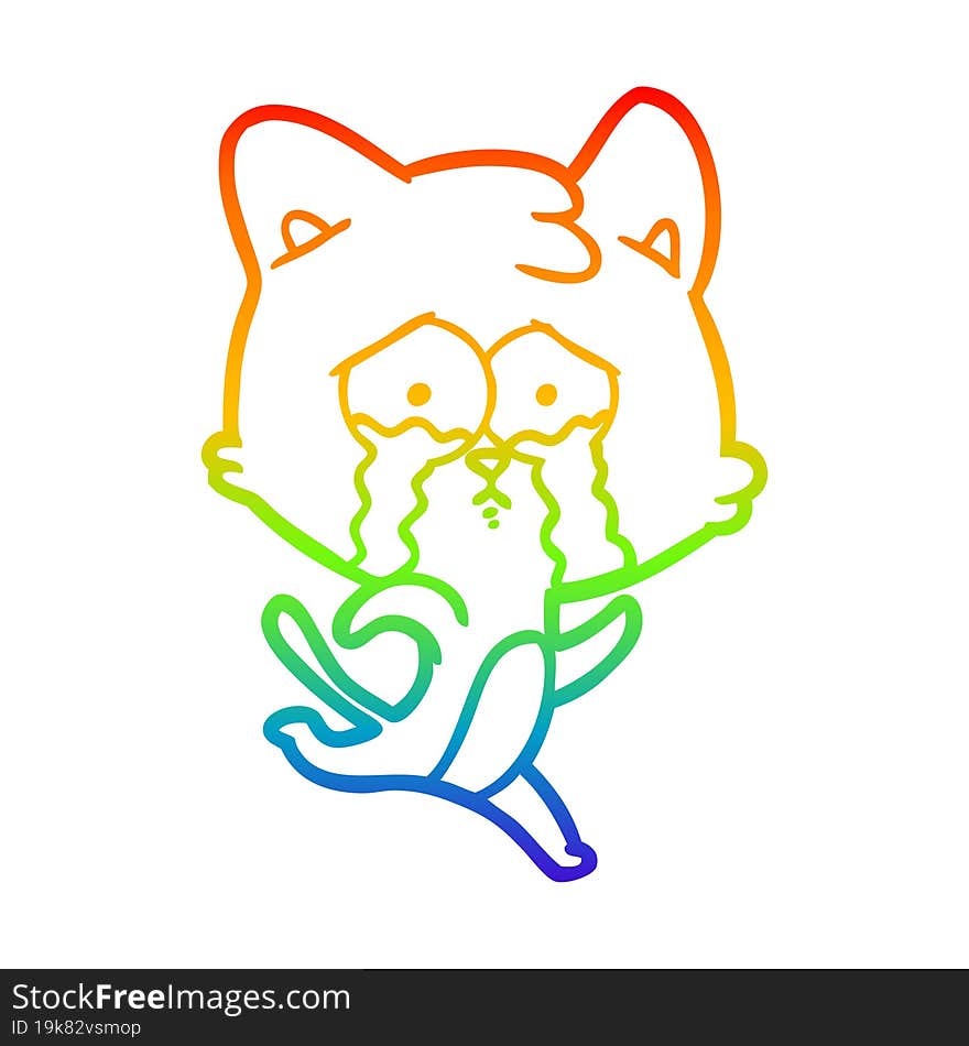 rainbow gradient line drawing of a cartoon crying cat