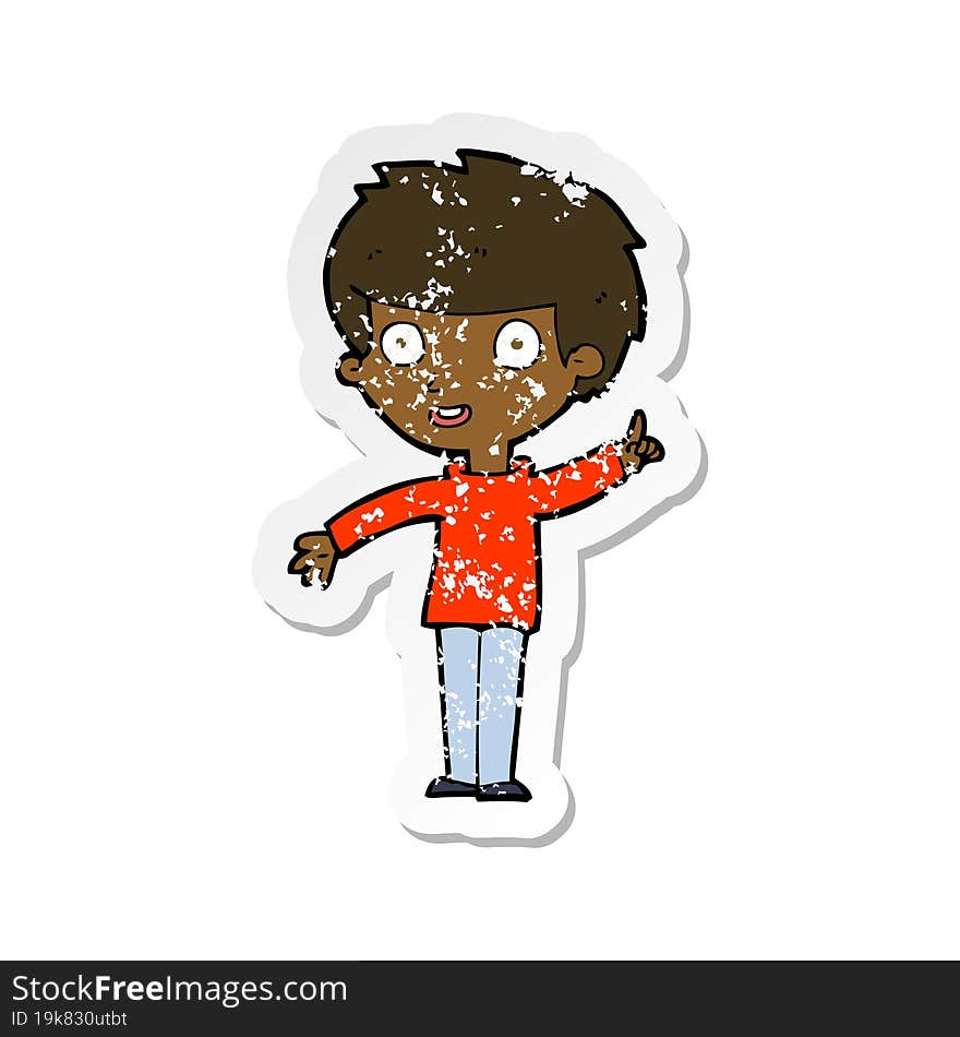 retro distressed sticker of a cartoon boy with idea