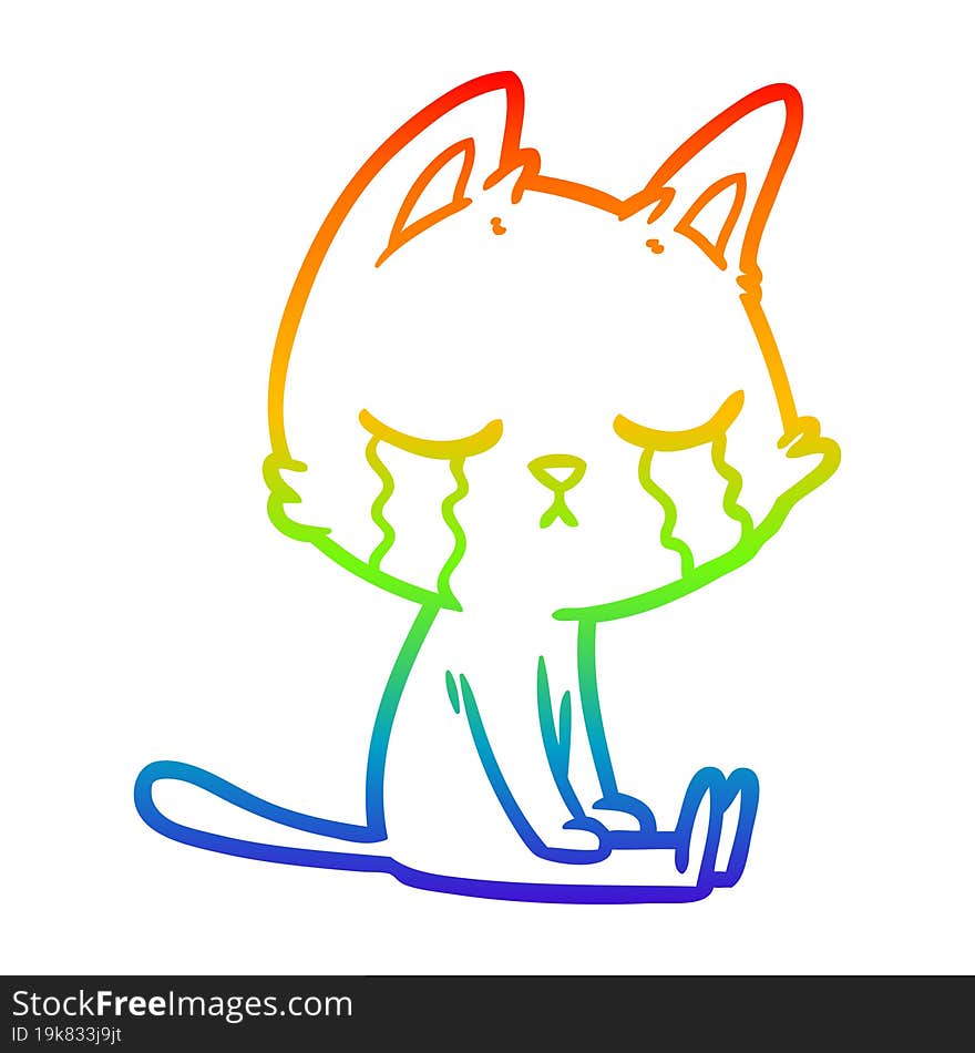 Rainbow Gradient Line Drawing Crying Cartoon Cat Sitting