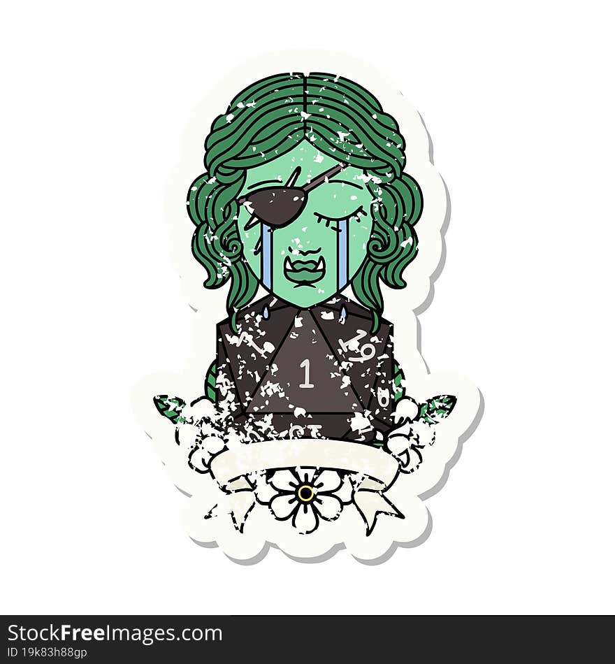 Retro Tattoo Style crying orc rogue character with natural one roll. Retro Tattoo Style crying orc rogue character with natural one roll